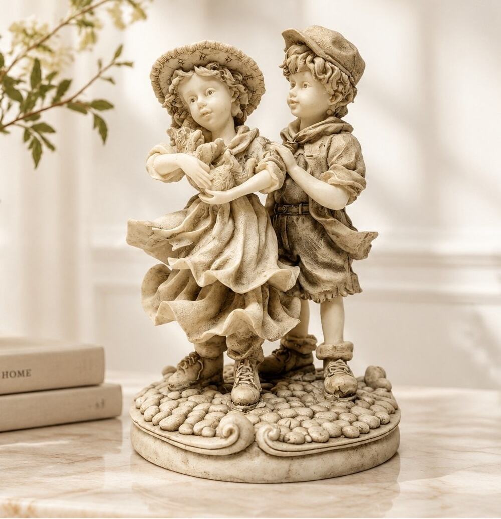 Regency Fine Arts Figurine Boy & Girl w/ Puppy Gray Cobbled Base 6.25" Vintage